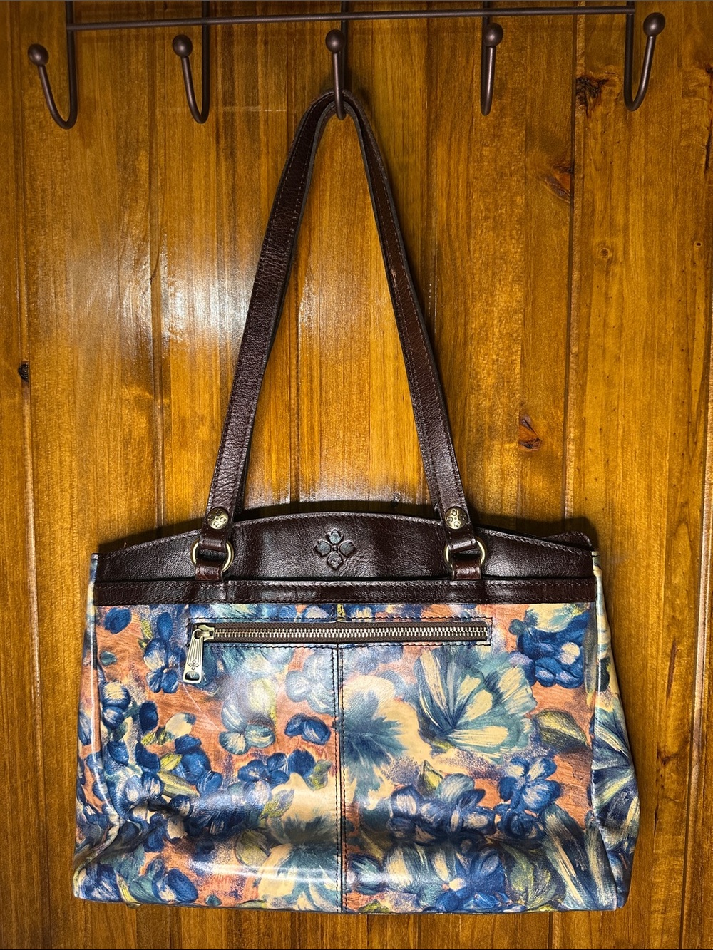 Patricia Nash Blue Floral Shoulder Tote with Brown Trim